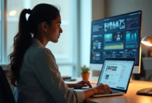 Indian female professional reviewing AI advertising ethics dashboard in a modern workspace