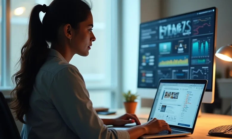 Indian female professional reviewing AI advertising ethics dashboard in a modern workspace