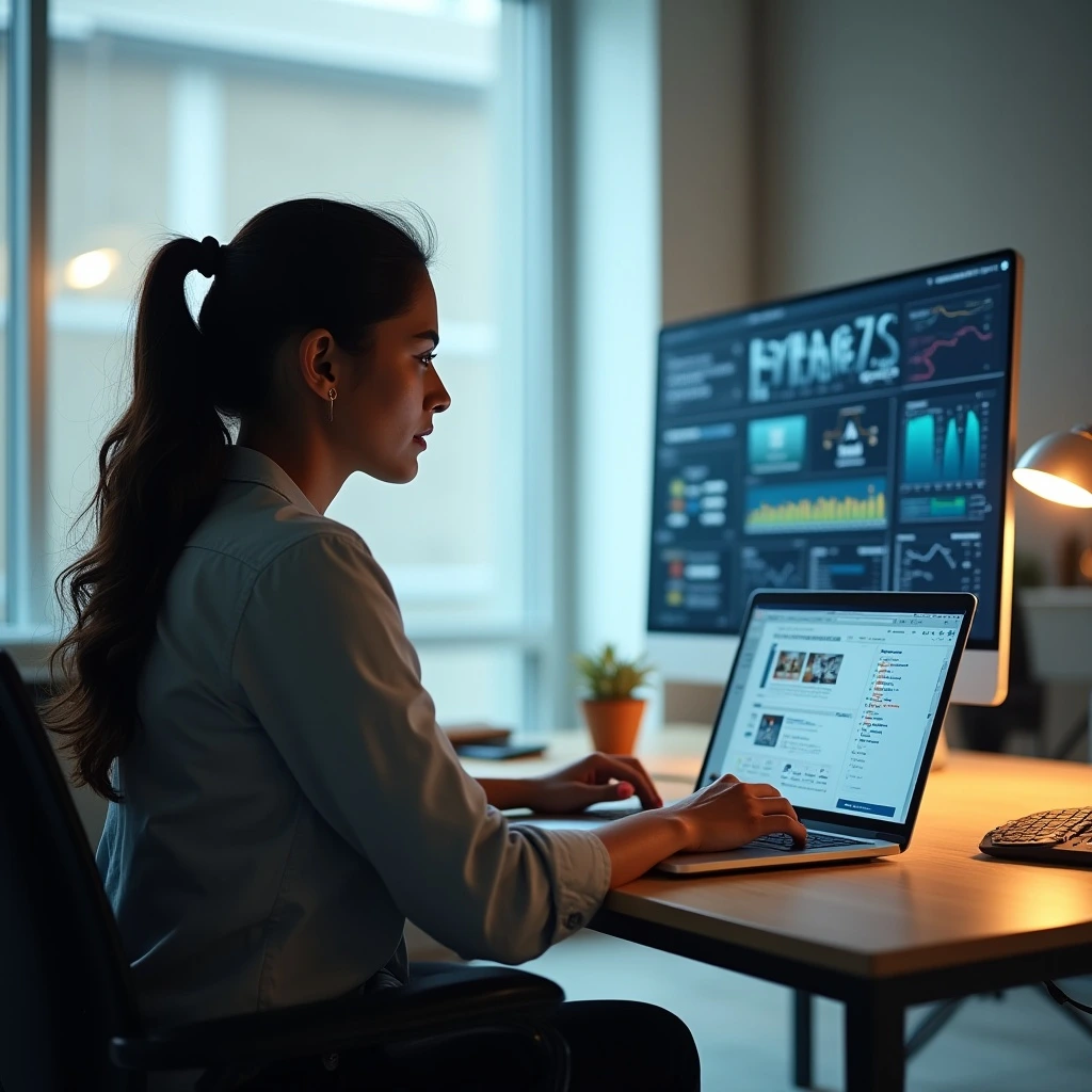Indian female professional reviewing AI advertising ethics dashboard in a modern workspace