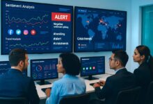 AI-powered social listening dashboard displaying real-time sentiment analysis and crisis alerts