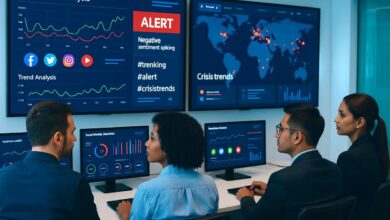 AI-powered social listening dashboard displaying real-time sentiment analysis and crisis alerts