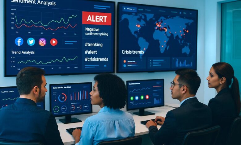 AI-powered social listening dashboard displaying real-time sentiment analysis and crisis alerts