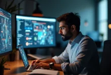 Professional analyzing AI-generated advertising content with visible disclosure labels on screen