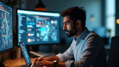 Professional analyzing AI-generated advertising content with visible disclosure labels on screen