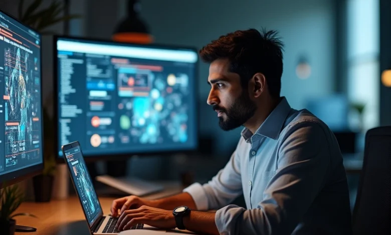 Professional analyzing AI-generated advertising content with visible disclosure labels on screen