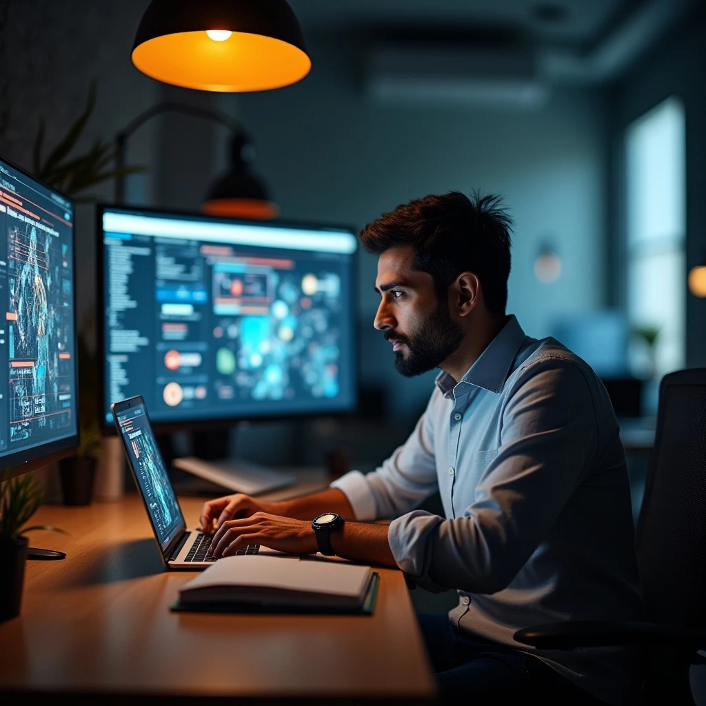 Professional analyzing AI-generated advertising content with visible disclosure labels on screen