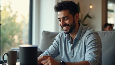 A virtual assistant speaking product details through a smart speaker in a modern home setup, representing Amazon’s AI voice commerce innovation.