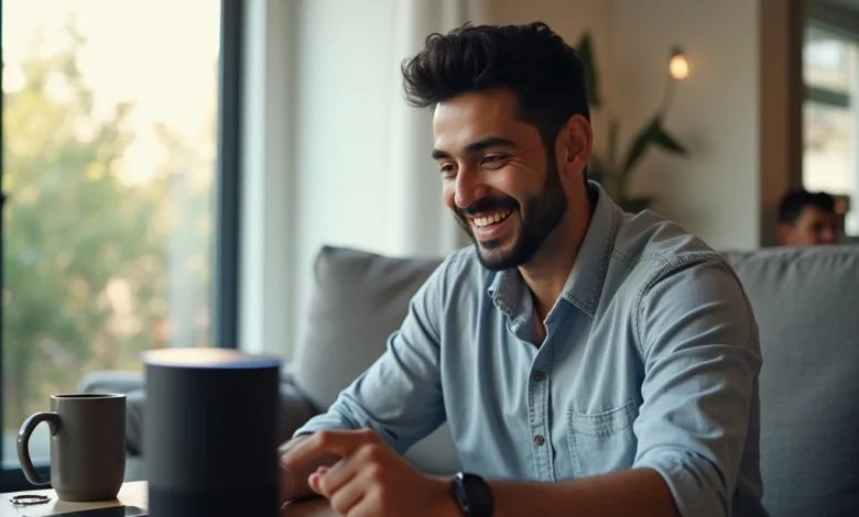 A virtual assistant speaking product details through a smart speaker in a modern home setup, representing Amazon’s AI voice commerce innovation.