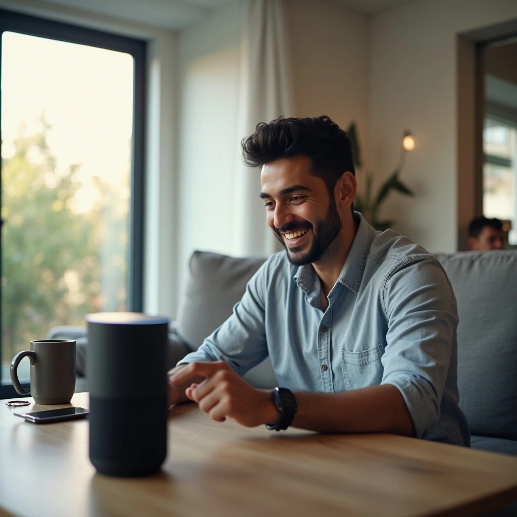 A virtual assistant speaking product details through a smart speaker in a modern home setup, representing Amazon’s AI voice commerce innovation.