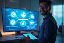 “A sleek, modern office environment with a young Indian marketing professional (early 30s, medium-brown skin, short black hair) standing confidently beside a large widescreen monitor. The screen shows abstract, stylized icons/logos for Meta, Google, Amazon, TikTok, and LinkedIn connected by glowing lines to represent AI-driven ad platforms (no detailed UI needed). In the foreground, the professional holds a tablet displaying a simplified “AI Ad Platforms” title against a futuristic gradient background.