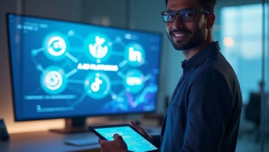 “A sleek, modern office environment with a young Indian marketing professional (early 30s, medium-brown skin, short black hair) standing confidently beside a large widescreen monitor. The screen shows abstract, stylized icons/logos for Meta, Google, Amazon, TikTok, and LinkedIn connected by glowing lines to represent AI-driven ad platforms (no detailed UI needed). In the foreground, the professional holds a tablet displaying a simplified “AI Ad Platforms” title against a futuristic gradient background.