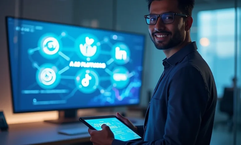“A sleek, modern office environment with a young Indian marketing professional (early 30s, medium-brown skin, short black hair) standing confidently beside a large widescreen monitor. The screen shows abstract, stylized icons/logos for Meta, Google, Amazon, TikTok, and LinkedIn connected by glowing lines to represent AI-driven ad platforms (no detailed UI needed). In the foreground, the professional holds a tablet displaying a simplified “AI Ad Platforms” title against a futuristic gradient background.