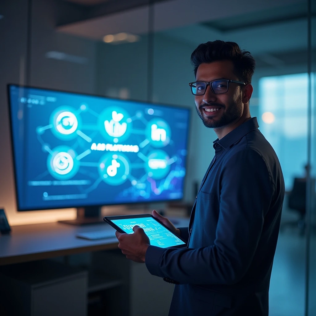 “A sleek, modern office environment with a young Indian marketing professional (early 30s, medium-brown skin, short black hair) standing confidently beside a large widescreen monitor. The screen shows abstract, stylized icons/logos for Meta, Google, Amazon, TikTok, and LinkedIn connected by glowing lines to represent AI-driven ad platforms (no detailed UI needed). In the foreground, the professional holds a tablet displaying a simplified “AI Ad Platforms” title against a futuristic gradient background.