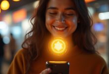 South Asian male consumer smiling while receiving a branded digital collectible on his smartphone in a futuristic store setting