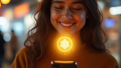 South Asian male consumer smiling while receiving a branded digital collectible on his smartphone in a futuristic store setting