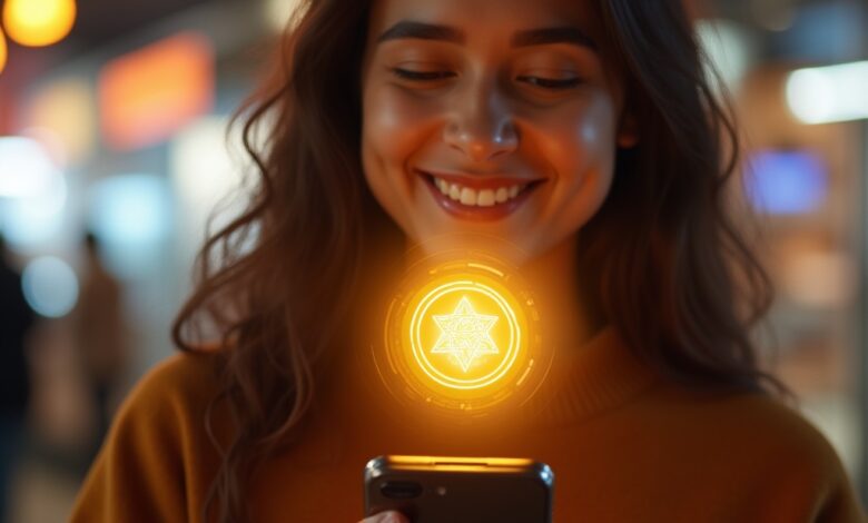 South Asian male consumer smiling while receiving a branded digital collectible on his smartphone in a futuristic store setting