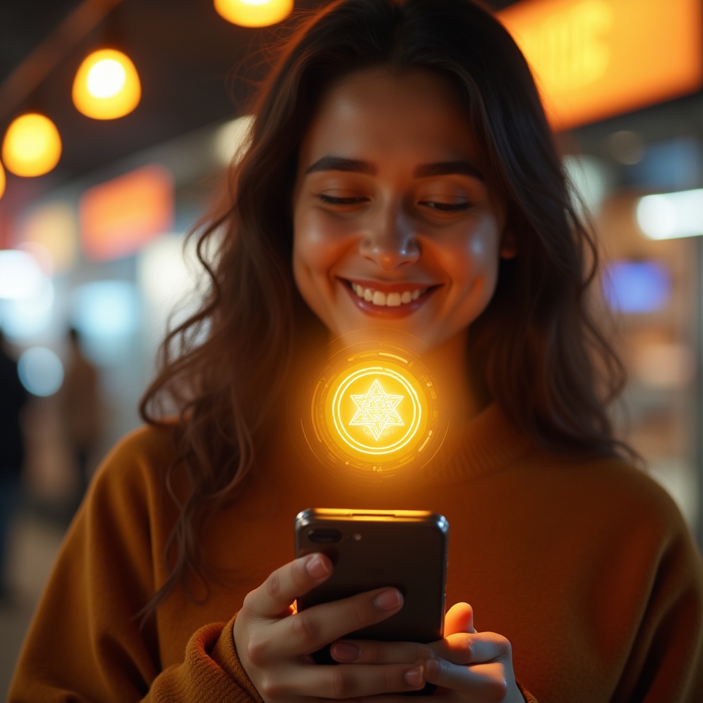 South Asian male consumer smiling while receiving a branded digital collectible on his smartphone in a futuristic store setting