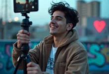 Young Indian Gen Z content creator recording a short video on smartphone in a vibrant, urban setting.