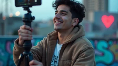 Young Indian Gen Z content creator recording a short video on smartphone in a vibrant, urban setting.