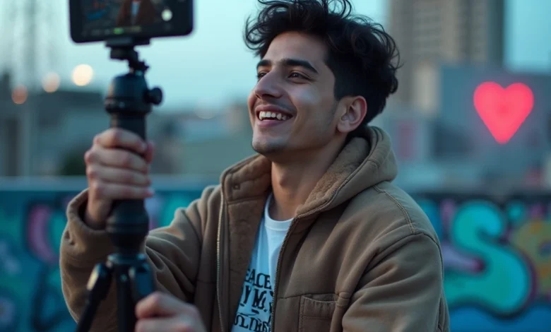 Young Indian Gen Z content creator recording a short video on smartphone in a vibrant, urban setting.