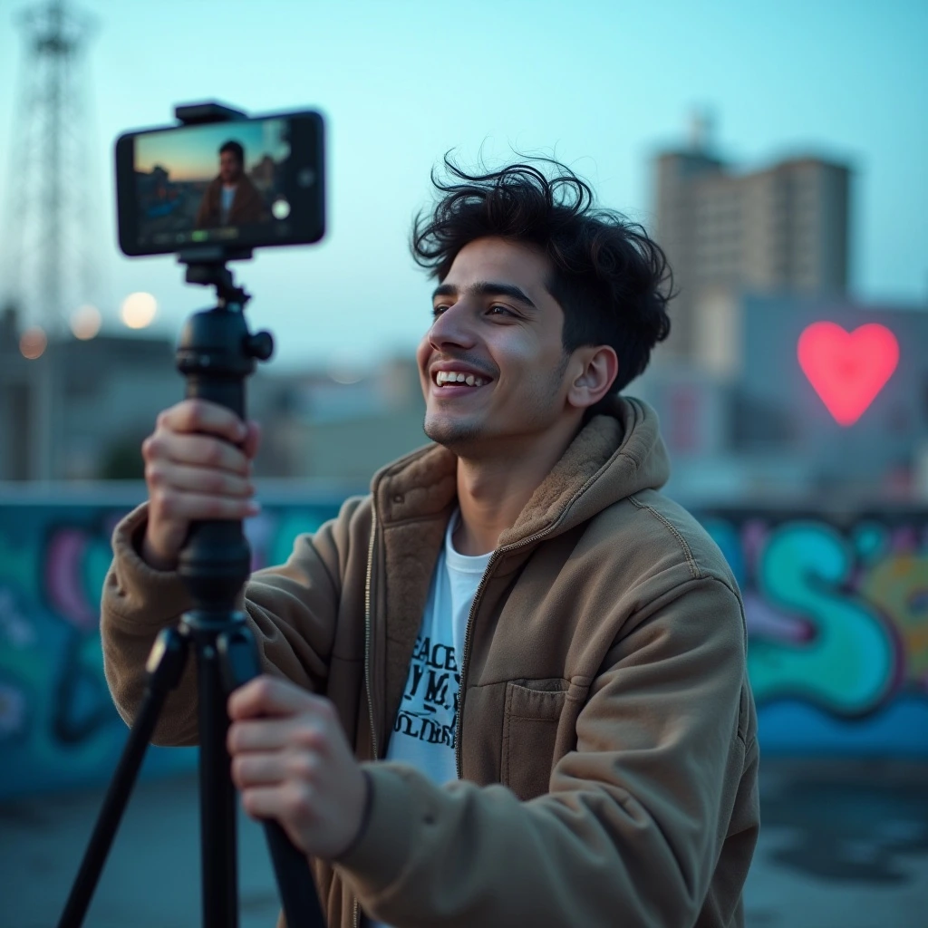 Young Indian Gen Z content creator recording a short video on smartphone in a vibrant, urban setting.
