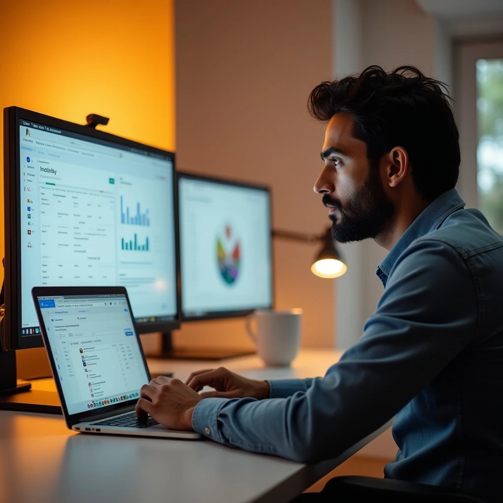Marketer analyzing first-party audience data in Google Ads dashboard on laptop