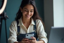 South Asian influencer reviewing AI-generated content on a smartphone screen with visible “AI-generated” tag on social media.