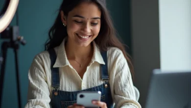 South Asian influencer reviewing AI-generated content on a smartphone screen with visible “AI-generated” tag on social media.