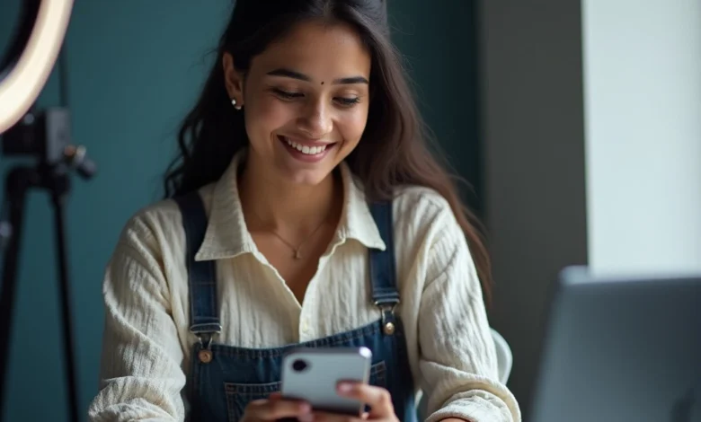 South Asian influencer reviewing AI-generated content on a smartphone screen with visible “AI-generated” tag on social media.