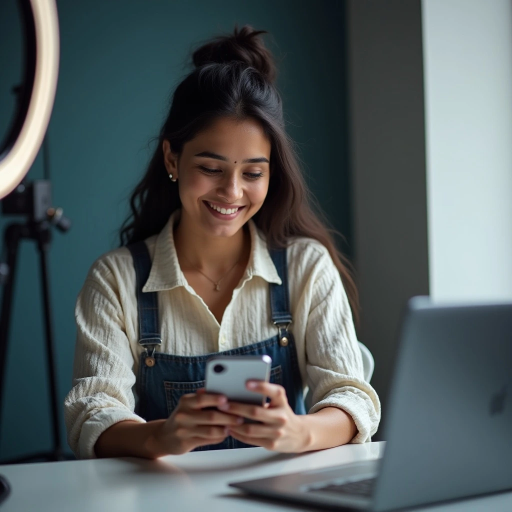 South Asian influencer reviewing AI-generated content on a smartphone screen with visible “AI-generated” tag on social media.