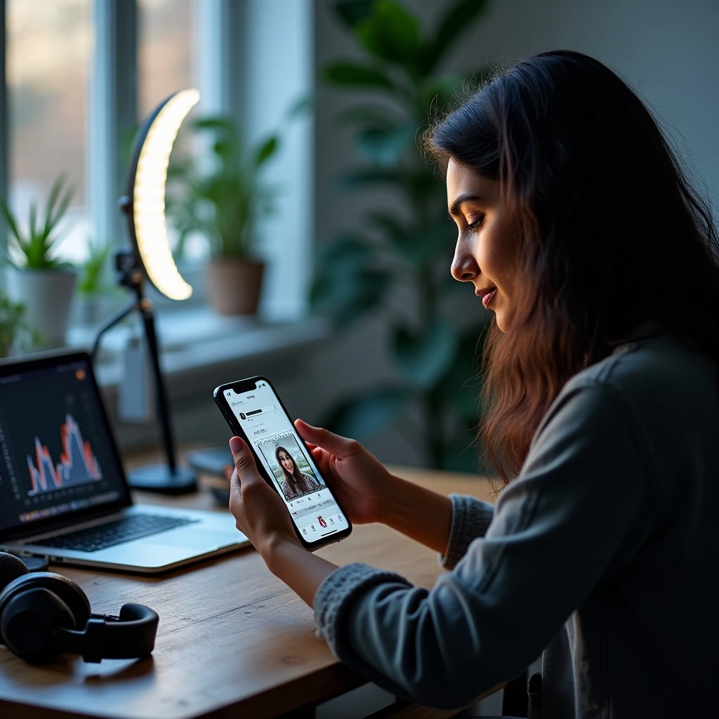 Young content creator editing a vertical video on a smartphone with Instagram Ad Breaks interface visible on screen