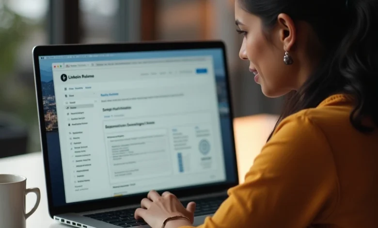 HR professional using LinkedIn's AI-powered job description generator on a laptop