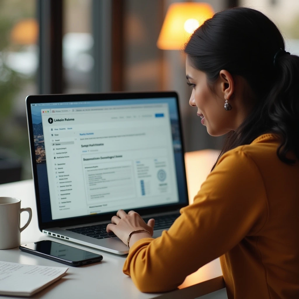 HR professional using LinkedIn's AI-powered job description generator on a laptop