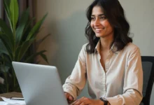South Asian business owner managing a Netflix ad campaign on a laptop in a modern office setting
