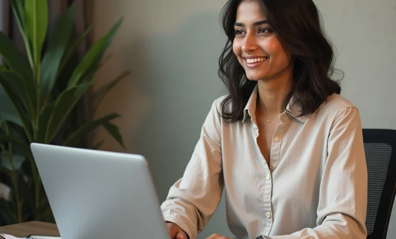 South Asian business owner managing a Netflix ad campaign on a laptop in a modern office setting
