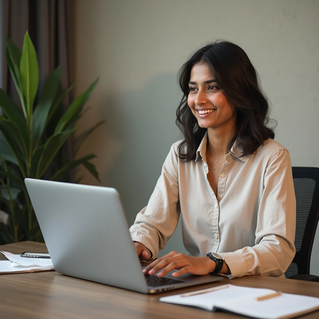 South Asian business owner managing a Netflix ad campaign on a laptop in a modern office setting
