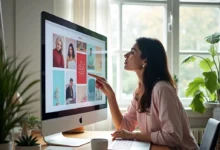 A female marketer analyzing mood-based ad performance on a bright Pinterest dashboard.