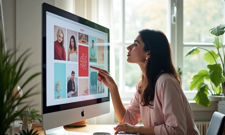A female marketer analyzing mood-based ad performance on a bright Pinterest dashboard.