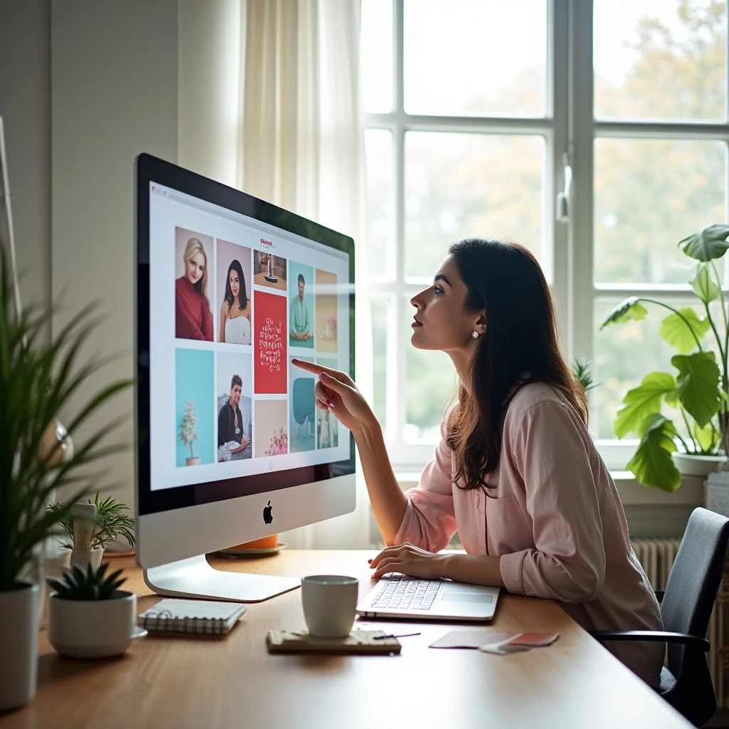 A female marketer analyzing mood-based ad performance on a bright Pinterest dashboard.