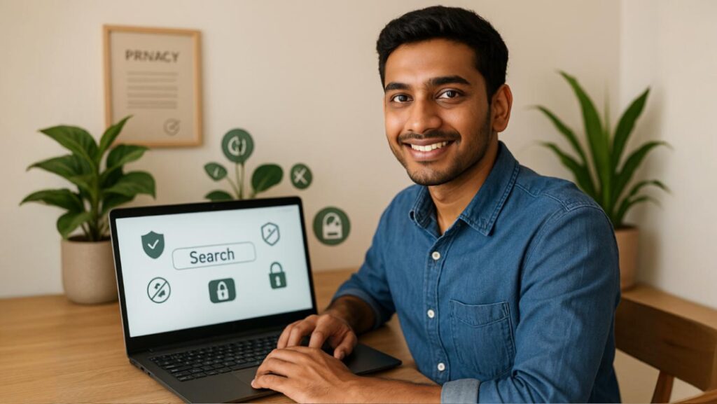 Illustration showing private search engine interfaces with secure browsing icons like locks, shields, and privacy toggles on screens.