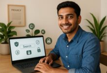 Illustration showing private search engine interfaces with secure browsing icons like locks, shields, and privacy toggles on screens.