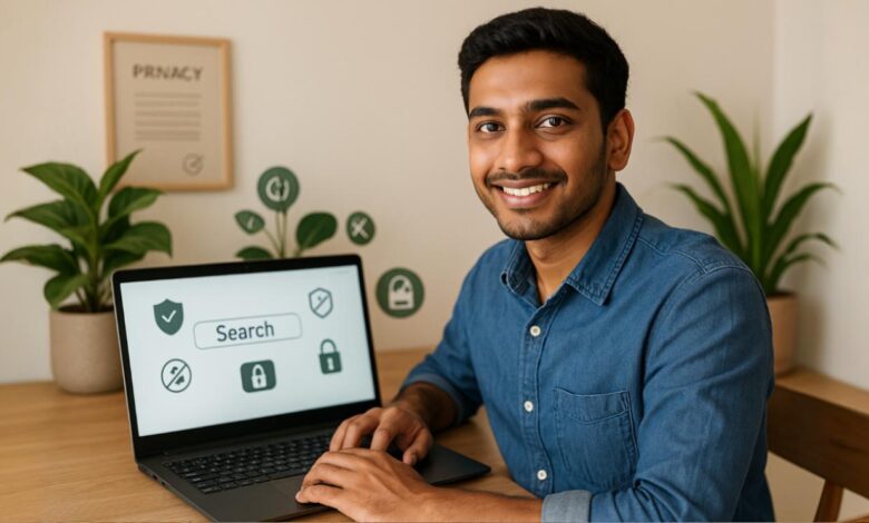 Illustration showing private search engine interfaces with secure browsing icons like locks, shields, and privacy toggles on screens.