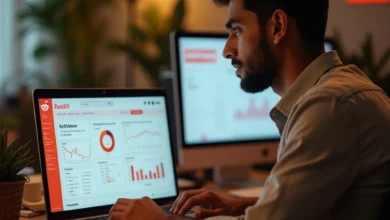 Reddit interface displaying AI-powered ad tool dashboard on a laptop screen