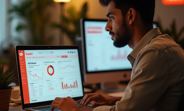 Reddit interface displaying AI-powered ad tool dashboard on a laptop screen