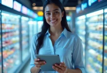 Tablet displaying a retail media network dashboard with campaign performance charts in a modern retail environment.