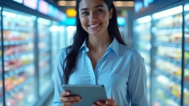 Tablet displaying a retail media network dashboard with campaign performance charts in a modern retail environment.