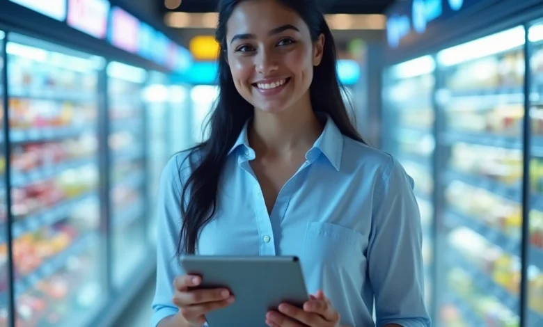 Tablet displaying a retail media network dashboard with campaign performance charts in a modern retail environment.