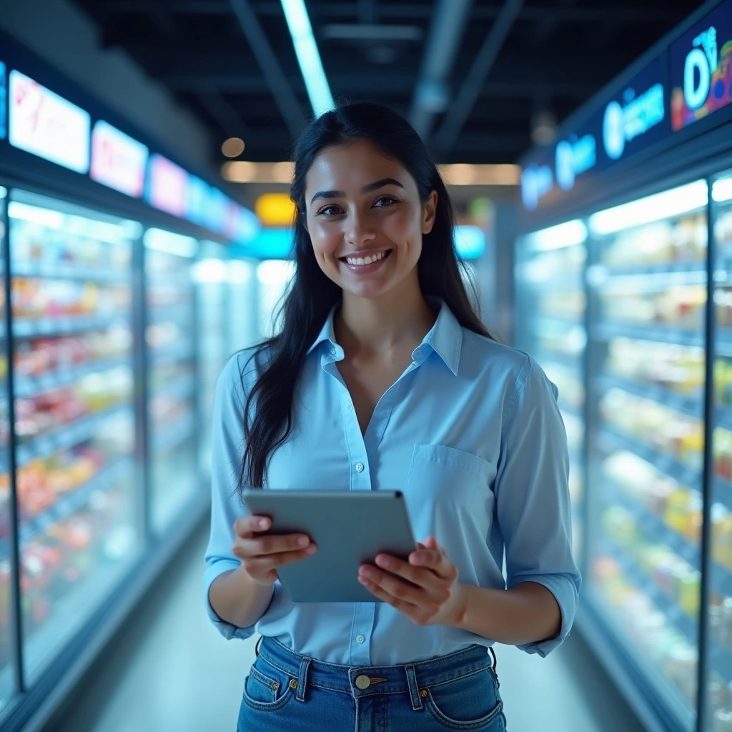 Tablet displaying a retail media network dashboard with campaign performance charts in a modern retail environment.