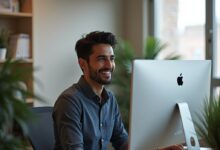 "A high-resolution digital photograph showing a South Asian male marketing professional in his late 20s, seated confidently at a well-lit modern workspace. The setting includes a sleek desktop computer with the Shopify and HubSpot dashboards faintly visible on the screen (not readable), surrounded by minimalistic decor and soft natural lighting. The person is smiling, well-groomed, wearing smart-casual attire, and looking slightly off-camera, conveying confidence, productivity, and innovation."