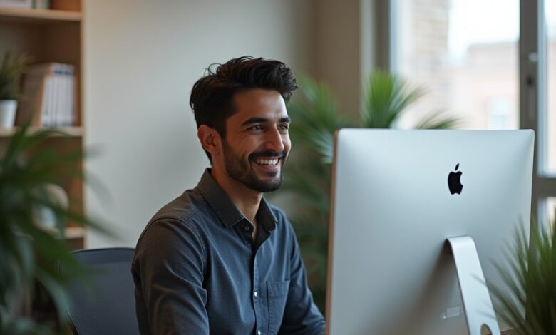 "A high-resolution digital photograph showing a South Asian male marketing professional in his late 20s, seated confidently at a well-lit modern workspace. The setting includes a sleek desktop computer with the Shopify and HubSpot dashboards faintly visible on the screen (not readable), surrounded by minimalistic decor and soft natural lighting. The person is smiling, well-groomed, wearing smart-casual attire, and looking slightly off-camera, conveying confidence, productivity, and innovation."